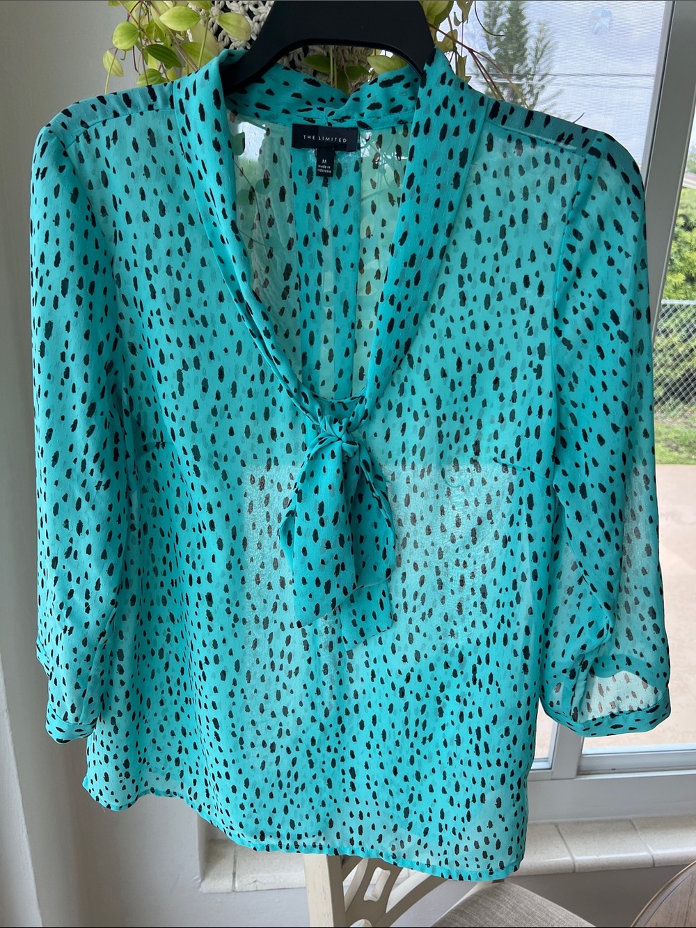 The Limited Teal Black Speckle Tie-Neck Blouse